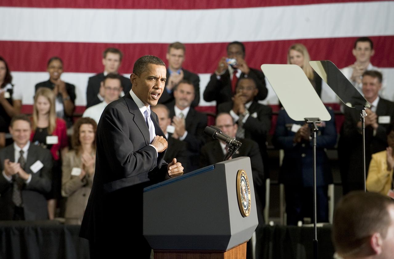 President Barack Obama delivers a speech at the Operations and Checkout Building at NASA Kennedy Space Center in Cape Canaveral, Fla. on Thursday, April 15, 2010. Obama visited Kennedy Space Center to deliver remarks on the bold new course the Administration is charting for NASA and the future of U.S. leadership in human space flight. Photo Credit: (NASA/Paul E. Alers)