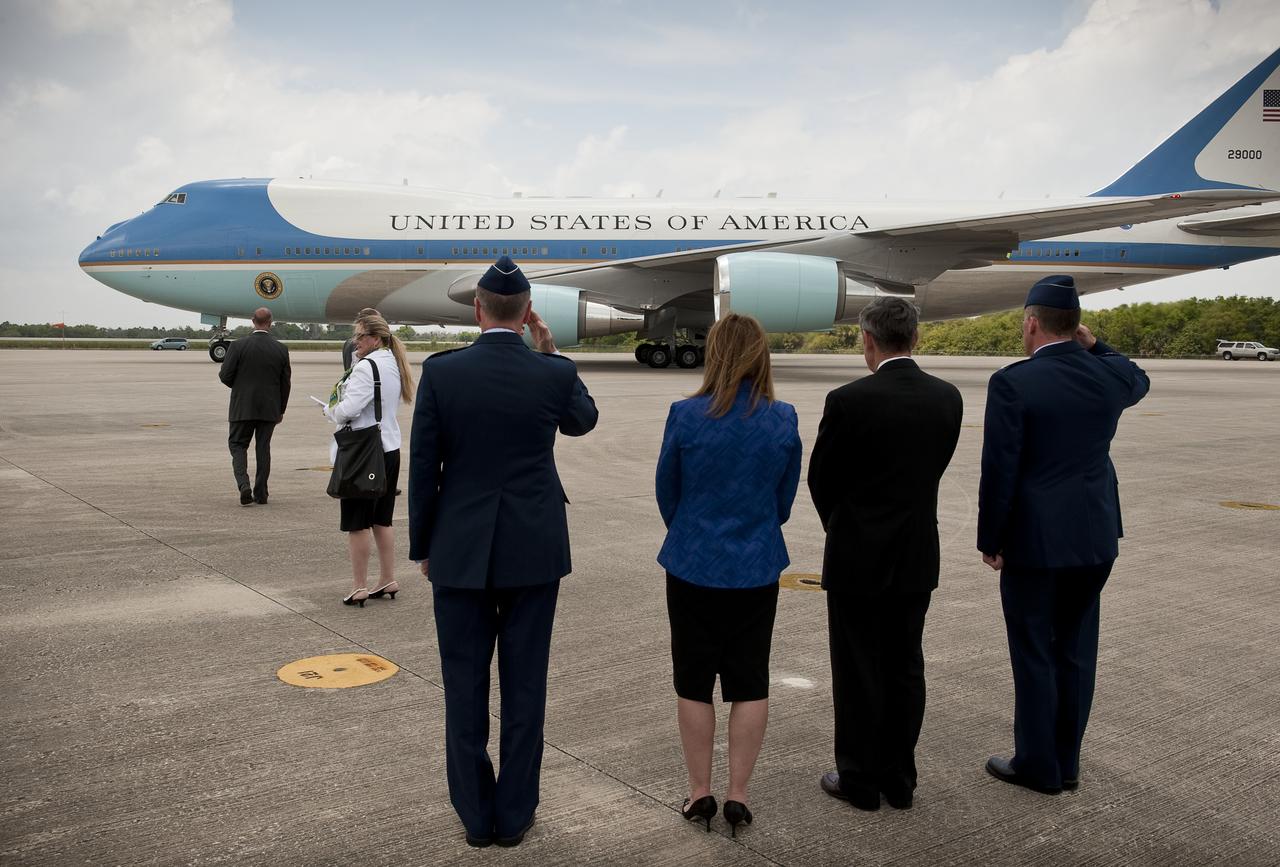 Gen. C. Robert Kehler, Commander, Air Force Space Command, left, NASA Deputy Administrator Lori Garver, 2nd from left, NASA Kennedy Space Center Director Bob Cabana, and Col. Burke E. Wilson is the Commander, 45th Space Wing, right, welcome the arrival of Air Force One and President Barack Obama to the NASA Kennedy Space Center in Cape Canaveral, Fla. on Thursday, April 15, 2010. Obama visited Kennedy to deliver remarks on the bold new course the administration is charting to maintain U.S. leadership in human space flight. Photo Credit: (NASA/Bill Ingalls)