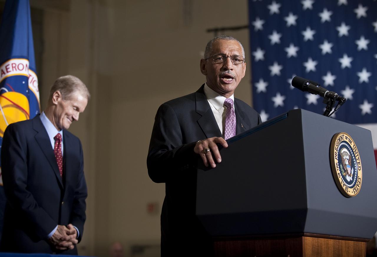NASA Administrator Charles Bolden, right, gives introductory remarks as US Senator Bill Nelson (D-FL) listens on during an event where President Barack Obama outlined a bold new course the administration is charting to maintain U.S. leadership in human space flight at the NASA Kennedy Space Center in Cape Canaveral, Fla. on Thursday, April 15, 2010. Photo Credit: (NASA/Bill Ingalls)