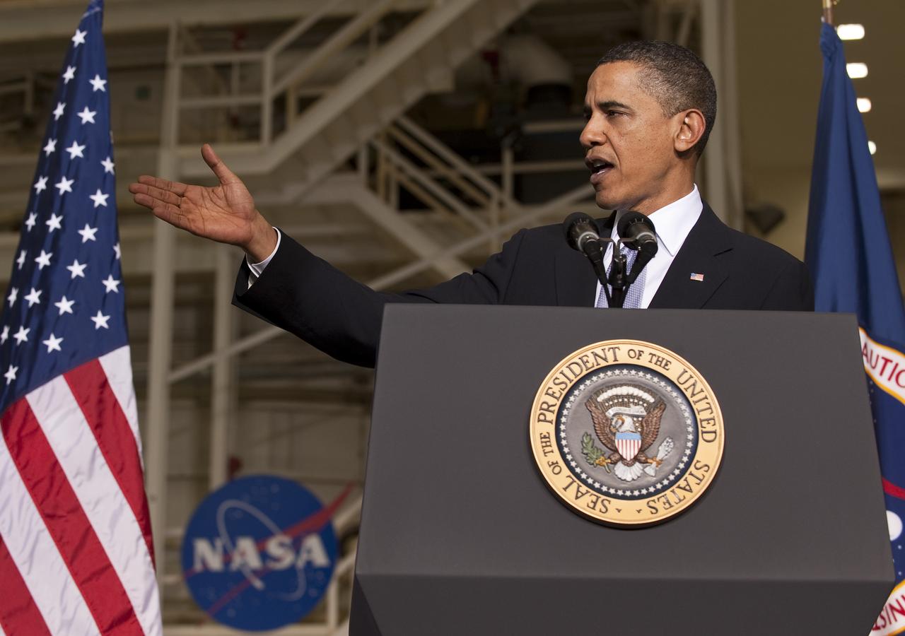 President Barack Obama delivers a speech at the Operations and Checkout Building at NASA Kennedy Space Center in Cape Canaveral, Fla. on Thursday, April 15, 2010. Obama visited Kennedy Space Center to deliver remarks on the bold new course the Administration is charting for NASA and the future of U.S. leadership in human space flight. Photo Credit: (NASA/Bill Ingalls)
