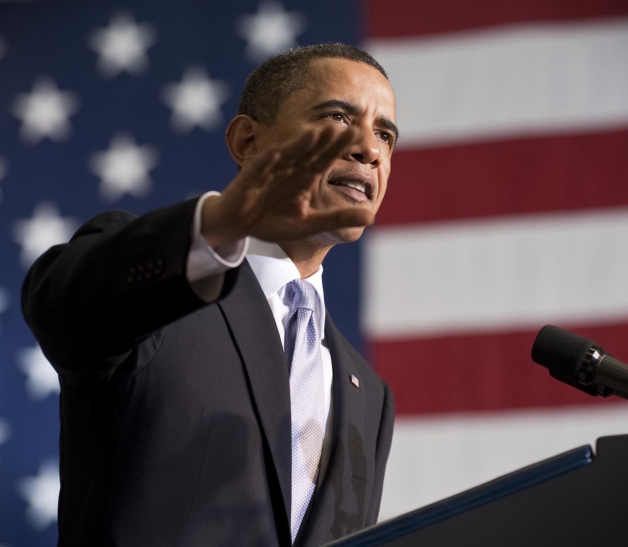 President Barack Obama delivers a speech at the Operations and Checkout Building at NASA Kennedy Space Center in Cape Canaveral, Fla. on Thursday, April 15, 2010. Obama visited Kennedy Space Center to deliver remarks on the bold new course the Administration is charting for NASA and the future of U.S. leadership in human space flight. Photo Credit: (NASA/Bill Ingalls)