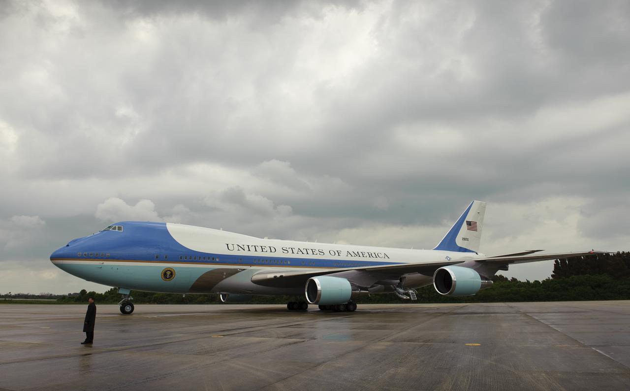 Air Force One is seen as it prepares to depart from the NASA SHuttle Landing Facility (SLF) after President Barack Obama delivered a speech at the NASA Kennedy Space Center in Cape Canaveral, Fla. on Thursday, April 15, 2010. Obama visited Kennedy Space Center to deliver remarks on the bold new course the Administration is charting for NASA and the future of U.S. leadership in human space flight. Photo Credit: (NASA/Bill Ingalls)