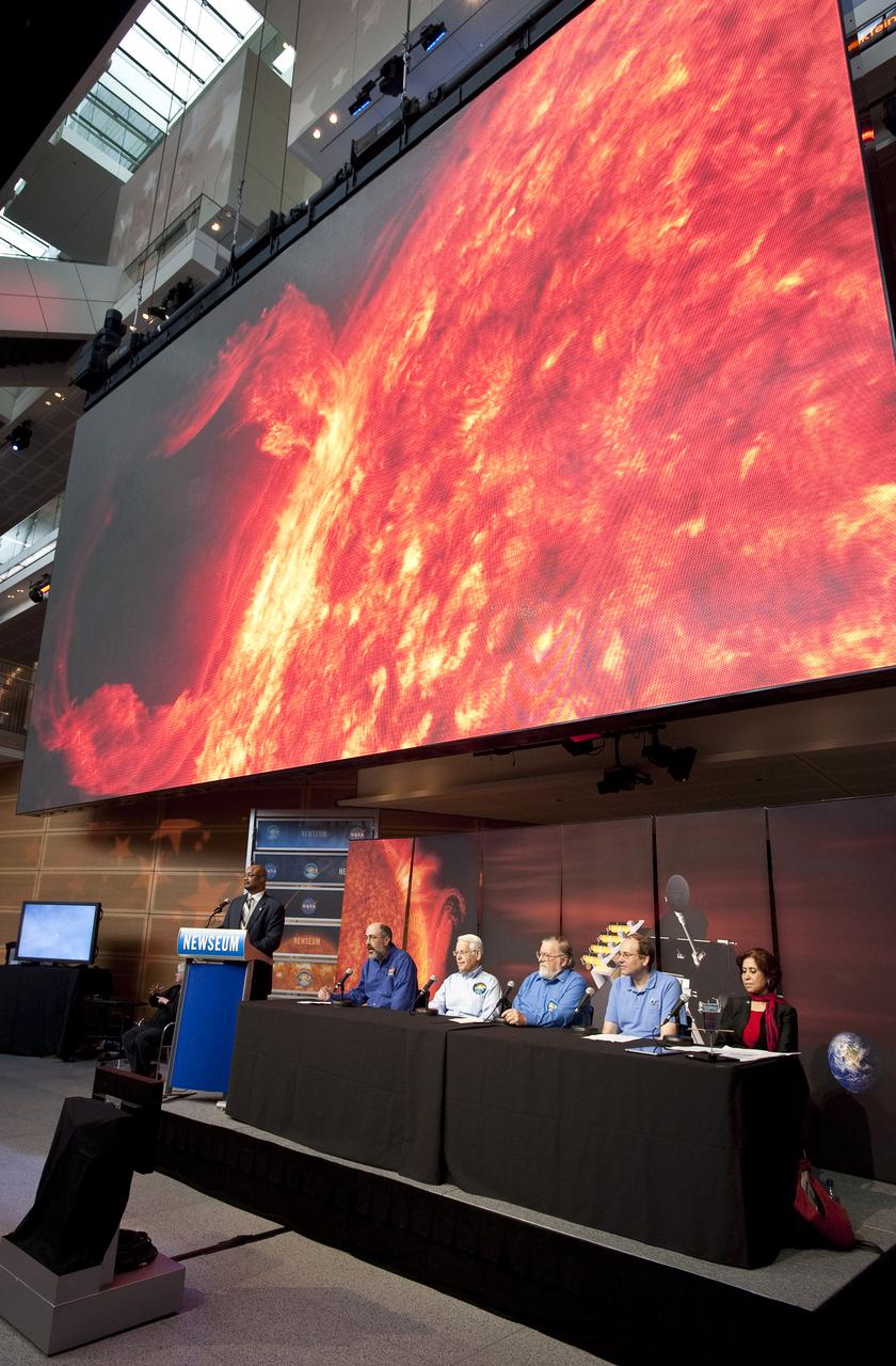Scientists involved in NASA's Solar Dynamics Observatory (SDO) mission attend a press conference to discuss recent images captured by the SDO spacecraft Wednesday, April 21, 2010, at the Newseum in Washington.  On Feb. 11, 2010, NASA launched the SDO spacecraft, which is the most advanced spacecraft ever designed to study the sun.  Seated left to right are: Dean Pesnell, SDO project scientist, Goddard Space Flight Center in Greenbelt, Md.; Alan Title, principal investigator, Atmospheric Imaging Assembly instrument, Lockheed Martin Solar and Astrophysics Laboratory in Palo Alto; Philip H. Scherrer, principal investigator, Helioseismic and Magnetic Imager instrument, Stanford University in Palo Alto; Tom Woods, principal investigator, Extreme Ultraviolet Variability Experiment Instrument, Laboratory for Atmospheric and Space Physics, University of Colorado in Boulder and Madhulika Guhathakurta, SDO program scientist, NASA Headquarters in Washington. Photo Credit:  (NASA/Carla Cioffi)