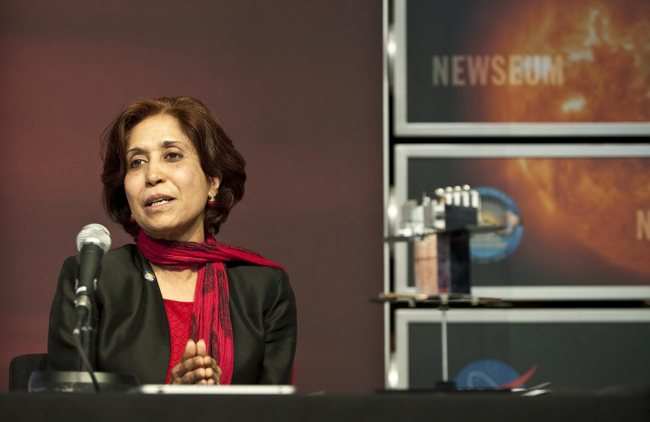 Madhulika Guhathakurta, SDO Program Scientist at NASA Headquarters in Washington, speaks during a briefing to discuss recent images from NASA's Solar Dynamics Observatory, or SDO, Wednesday, April 21, 2010, at the Newseum in Washington.  Launched on Feb. 11, 2010, SDO is the most advanced spacecraft ever designed to study the sun. During its five-year mission, it will examine the sun's magnetic field and also provide a better understanding of the role the sun plays in Earth's atmospheric chemistry and climate. Photo Credit: (NASA/Carla Cioffi)