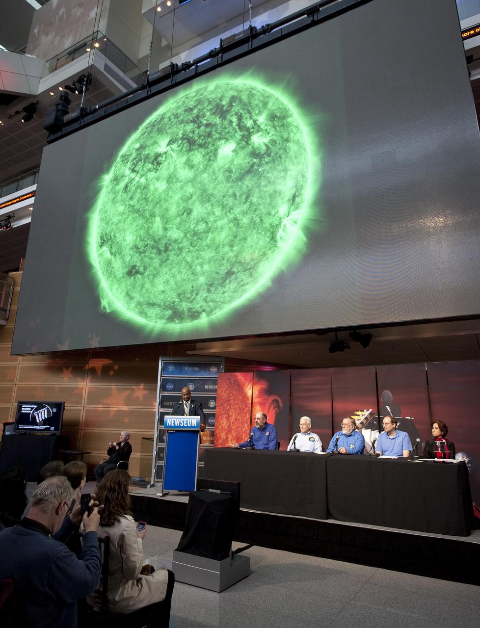 Scientists involved in NASA's Solar Dynamics Observatory (SDO) mission attend a press conference to discuss recent images captured by the SDO spacecraft Wednesday, April 21, 2010, at the Newseum in Washington.  Pictured right to left are: Madhulika Guhathakurta, SDO program scientist, NASA Headquarters in Washington; Tom Woods, principal investigator, Extreme Ultraviolet Variability Experiment instrument, Laboratory for Atmospheric and Space Physics, University of Colorado in Boulder; Philip H. Scherrer, principal investigator, Helioseismic and Magnetic Imager instrument, Stanford University in Palo Alto; Alan Title, principal investigator, Atmospheric Imaging Assembly instrument, Lockheed Martin Solar and Astrophysics Laboratory in Palo Alto and Dean Pesnell, SDO project scientist, Goddard Space Flight Center in Greenbelt, Md.  Photo Credit:  (NASA/Carla Cioffi)