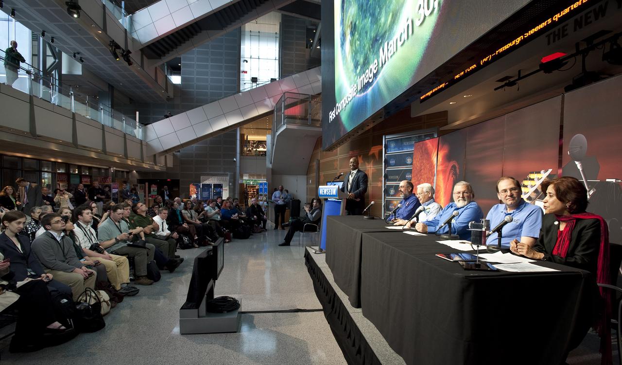 Madhulika Guhathakurta, far right, SDO Program Scientist at NASA Headquarters in Washington, speaks during a briefing to discuss recent images from NASA's Solar Dynamics Observatory, or SDO, Wednesday, April 21, 2010, at the Newseum in Washington.  Pictured from left of Dr. Guhathakurta's are:  Tom Woods, principal investigator, Extreme Ultraviolet Variability Experiment instrument, Laboratory for Atmospheric and Space Physics, University of Colorado in Boulder; Philip H. Scherrer, principal investigator, Helioseismic and Magnetic Imager instrument, Stanford University in Palo Alto; Alan Title, principal investigator, Atmospheric Imaging Assembly instrument, Lockheed Martin Solar and Astrophysics Laboratory in Palo Alto and Dean Pesnell, SDO project scientist, Goddard Space Flight Center in Greenbelt, Md.  Photo Credit: (NASA/Carla Cioffi)