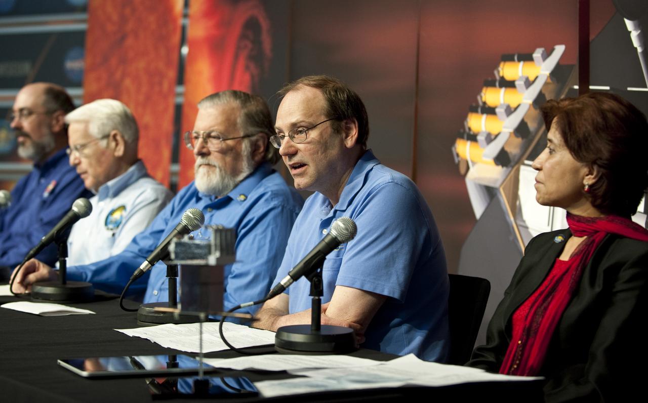 Tom Woods, (second from right), principal investigator, Extreme Ultraviolet Variability Experiment instrument, Laboratory for Atmospheric and Space Physics, University of Colorado in Boulder speaks during a briefing to discuss recent images from NASA's Solar Dynamics Observatory, or SDO, Wednesday, April 21, 2010, at the Newseum in Washington.  Photo Credit:  (NASA/Carla Cioffi)
