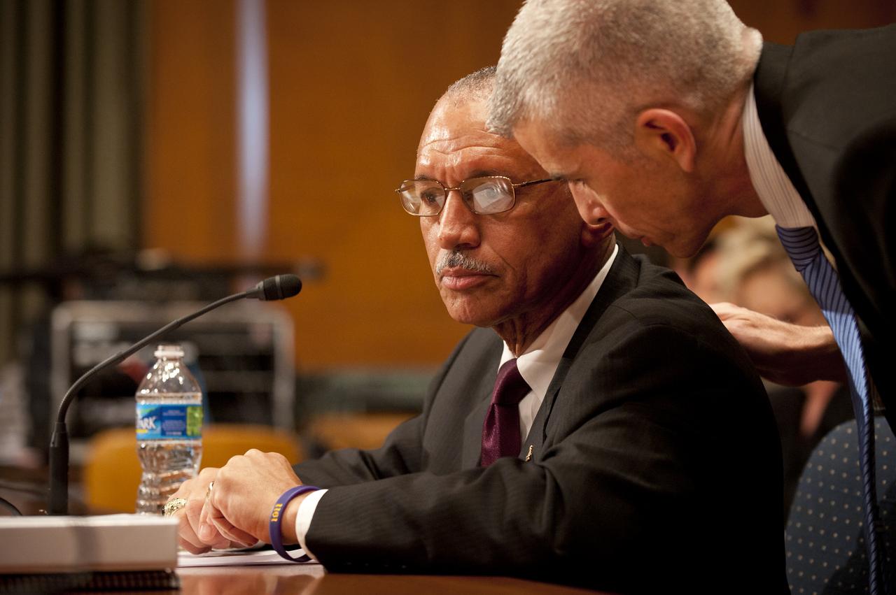 NASA Administrator Charles Bolden listens to NASA Associate Administrator for Legislative and Intergovernmental Affairs Seth Statler during a Senate Subcommittee on Commerce, Justice, Science, and Related Agencies of the Appropriations Committee hearing concerning the FY 2011 NASA Budget, Thursday, April 22, 2010 at the Dirksen Senate Office Building in Washington.  Photo Credit: (NASA/Bill Ingalls)