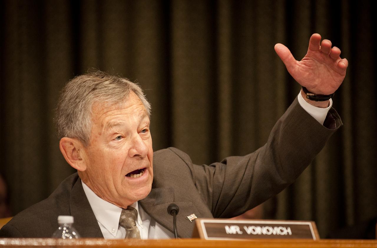 Sen. George Voinovich, R-Ohio, questions NASA Administrator Charles Bolden during a Senate Subcommittee on Commerce, Justice, Science, and Related Agencies of the Appropriations Committee hearing concerning the FY 2011 NASA Budget, Thursday, April 22, 2010 at the Dirksen Senate Office Building in Washington. Photo Credit: (NASA/Bill Ingalls)