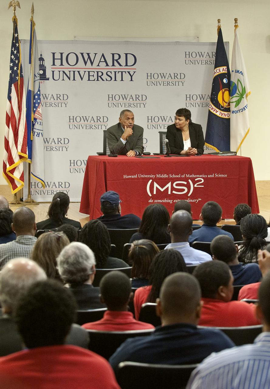 NASA Administrator Charles Bolden, left, and U.S. Environmental Protection Agency (EPA) Administrator Lisa P. Jackson, right, answer questions from students and faculty from the Howard University Middle School of Mathematics and Science after signing a Memorandum of Agreement (MOA) to promote collaboration between the two agencies for cooperation in environmental and Earth sciences and environmental management applications, Monday, April 26, 2010, at the school in Washington. Photo Credit: (NASA/Paul E. Alers)