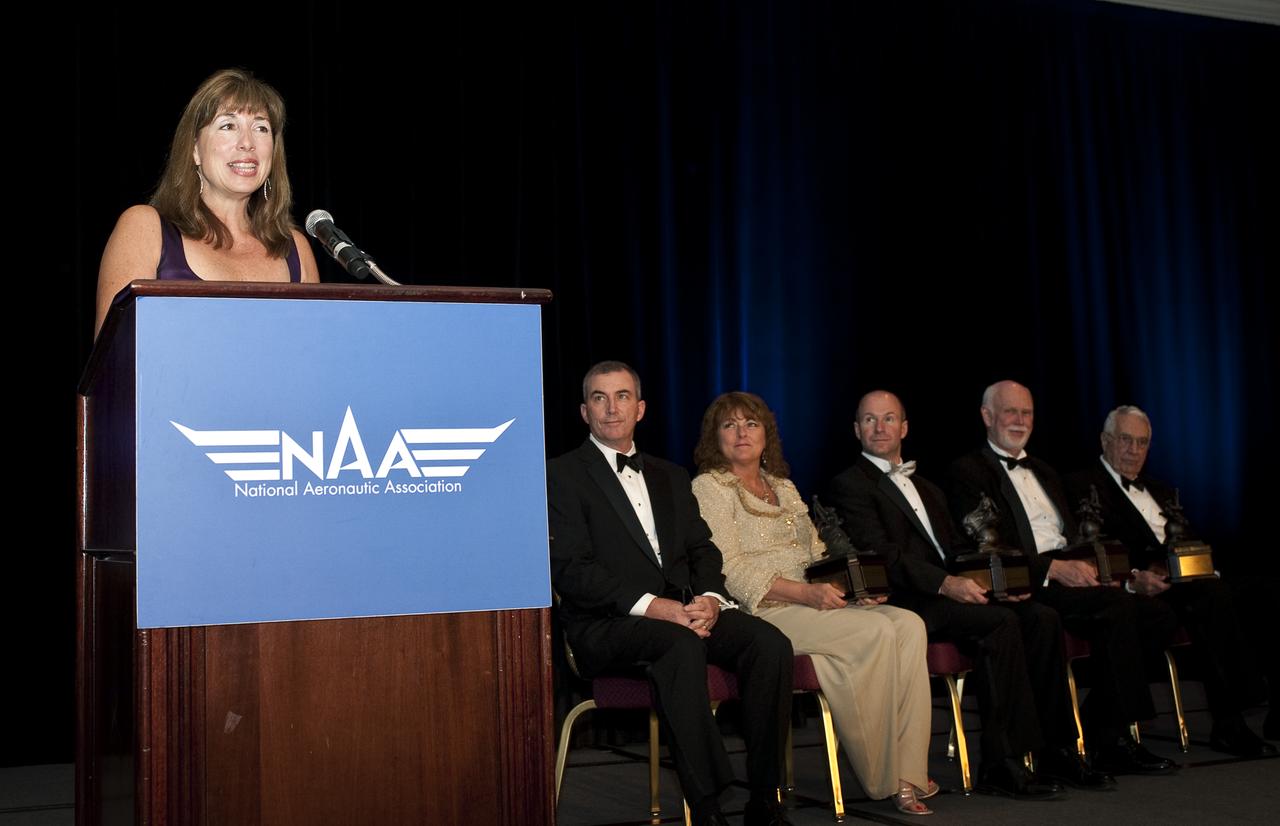 Lori Garver, left, Deputy Administrator of NASA, speaks at the Annual Collier Dinner on Thursday, May 13, 2010 in Arlington, VA.  NASA and the International Space Station team is the winner of the 2009 Robert J. Collier Trophy.  The Collier Trophy is awarded annually for the greatest achievement in aeronautics or astronautics in America.  Photo Credit: (NASA/Carla Cioffi)