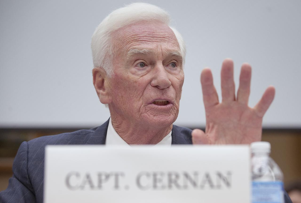 Retired Navy Captain and commander of Apollo 17 Eugene Cernan testifies during a hearing before the House Science and Technology Committee, Tuesday, May 26, 2010, at the Rayburn House office building on Capitol Hill in Washington. The hearing was to review proposed human spaceflight plan by NASA. Photo Credit: (NASA/Paul E. Alers)