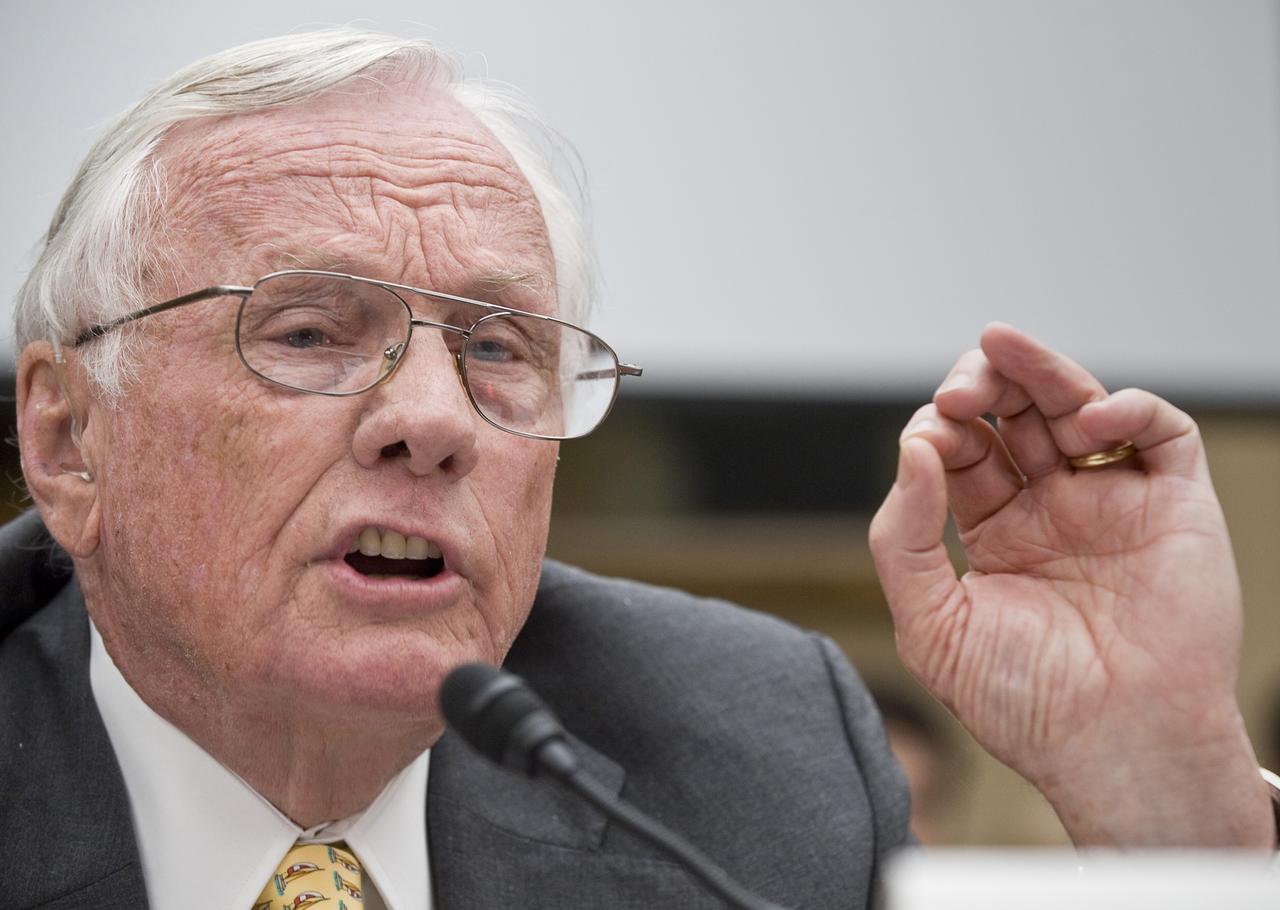 Apollo 11 Commander Neil Armstrong makes a point as he testifies during a hearing before the House Science and Technology Committee, Tuesday, May 26, 2010, at the Rayburn House office building on Capitol Hill in Washington. The hearing was to review proposed human spaceflight plan by NASA. Photo Credit: (NASA/Paul E. Alers)