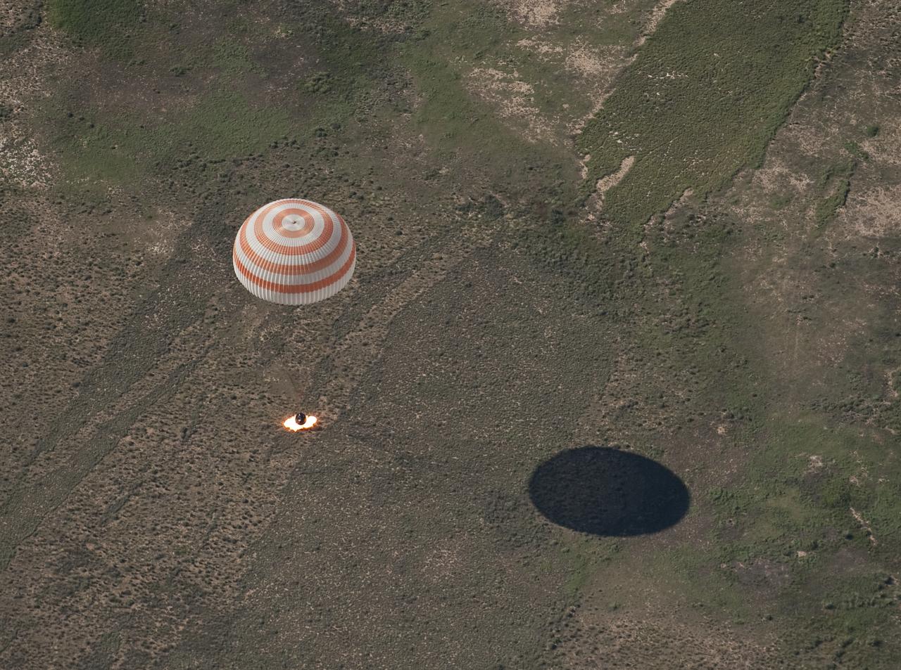 The Soyuz TMA-17 spacecraft is seen as it lands with Expedition 23 Commander Oleg Kotov and Flight Engineers T.J. Creamer and Soichi Noguchi near the town of Zhezkazgan, Kazakhstan on Wednesday, June 2, 2010. NASA Astronaut Creamer, Russian Cosmonaut Kotov and Japanese Astronaut Noguchi are returning from six months onboard the International Space Station where they served as members of the Expedition 22 and 23 crews. Photo Credit: (NASA/Bill Ingalls)