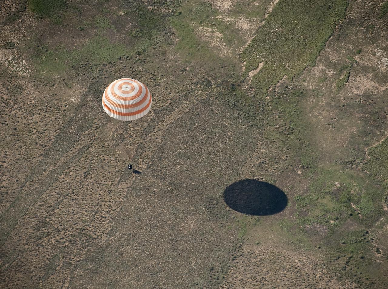 The Soyuz TMA-17 spacecraft is seen as it lands with Expedition 23 Commander Oleg Kotov and Flight Engineers T.J. Creamer and Soichi Noguchi near the town of Zhezkazgan, Kazakhstan on Wednesday, June 2, 2010. NASA Astronaut Creamer, Russian Cosmonaut Kotov and Japanese Astronaut Noguchi are returning from six months onboard the International Space Station where they served as members of the Expedition 22 and 23 crews. Photo Credit: (NASA/Bill Ingalls)