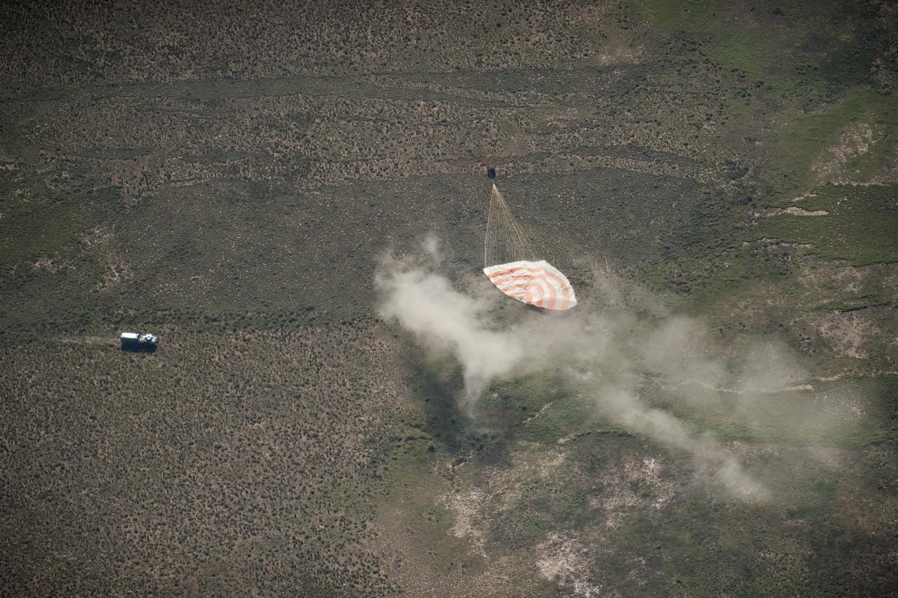 The Soyuz TMA-17 spacecraft is seen as it lands with Expedition 23 Commander Oleg Kotov and Flight Engineers T.J. Creamer and Soichi Noguchi near the town of Zhezkazgan, Kazakhstan on Wednesday, June 2, 2010. NASA Astronaut Creamer, Russian Cosmonaut Kotov and Japanese Astronaut Noguchi are returning from six months onboard the International Space Station where they served as members of the Expedition 22 and 23 crews. Photo Credit: (NASA/Bill Ingalls)