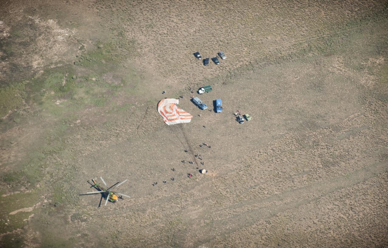 The Soyuz TMA-17 spacecraft is seen as it lands with Expedition 23 Commander Oleg Kotov and Flight Engineers T.J. Creamer and Soichi Noguchi near the town of Zhezkazgan, Kazakhstan on Wednesday, June 2, 2010. NASA Astronaut Creamer, Russian Cosmonaut Kotov and Japanese Astronaut Noguchi are returning from six months onboard the International Space Station where they served as members of the Expedition 22 and 23 crews. Photo Credit: (NASA/Bill Ingalls)