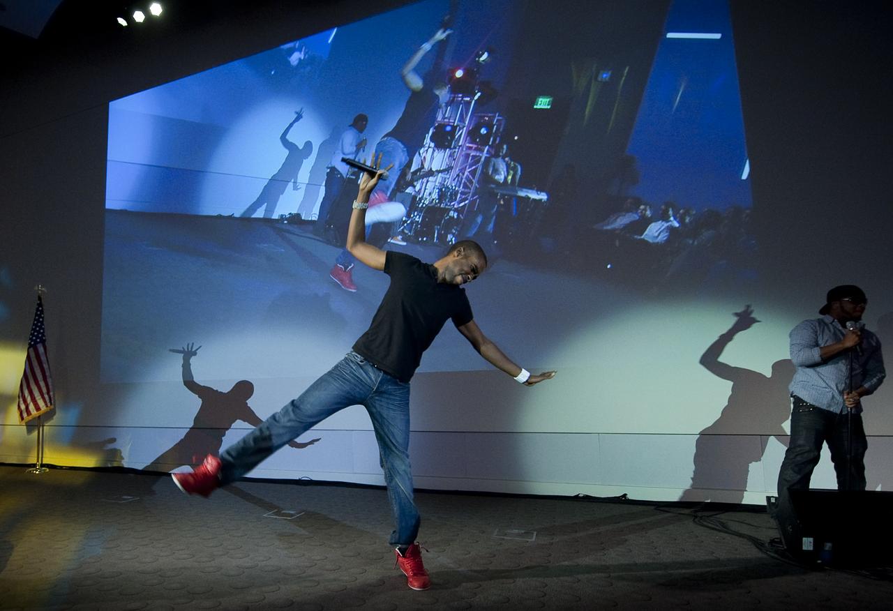 Rapper and Actor Daniel Curtis Lee performs during the kick off of NASA's Summer of Innovation program at the Jet Propulsion Laboratory in Pasadena, Calif., Thursday, June 10, 2010. Through the program, NASA will engage thousands of middle school students and teachers in stimulating math and science-based education programs with the goal of increasing the number of future scientists, mathematicians, and engineers.  Photo Credit: (NASA/Bill Ingalls)