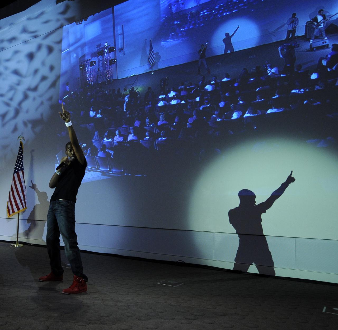 Rapper and Actor Daniel Curtis Lee performs during the kick off of NASA's Summer of Innovation program at the Jet Propulsion Laboratory in Pasadena, Calif., Thursday, June 10, 2010. Through the program, NASA will engage thousands of middle school students and teachers in stimulating math and science-based education programs with the goal of increasing the number of future scientists, mathematicians, and engineers.  Photo Credit: (NASA/Bill Ingalls)