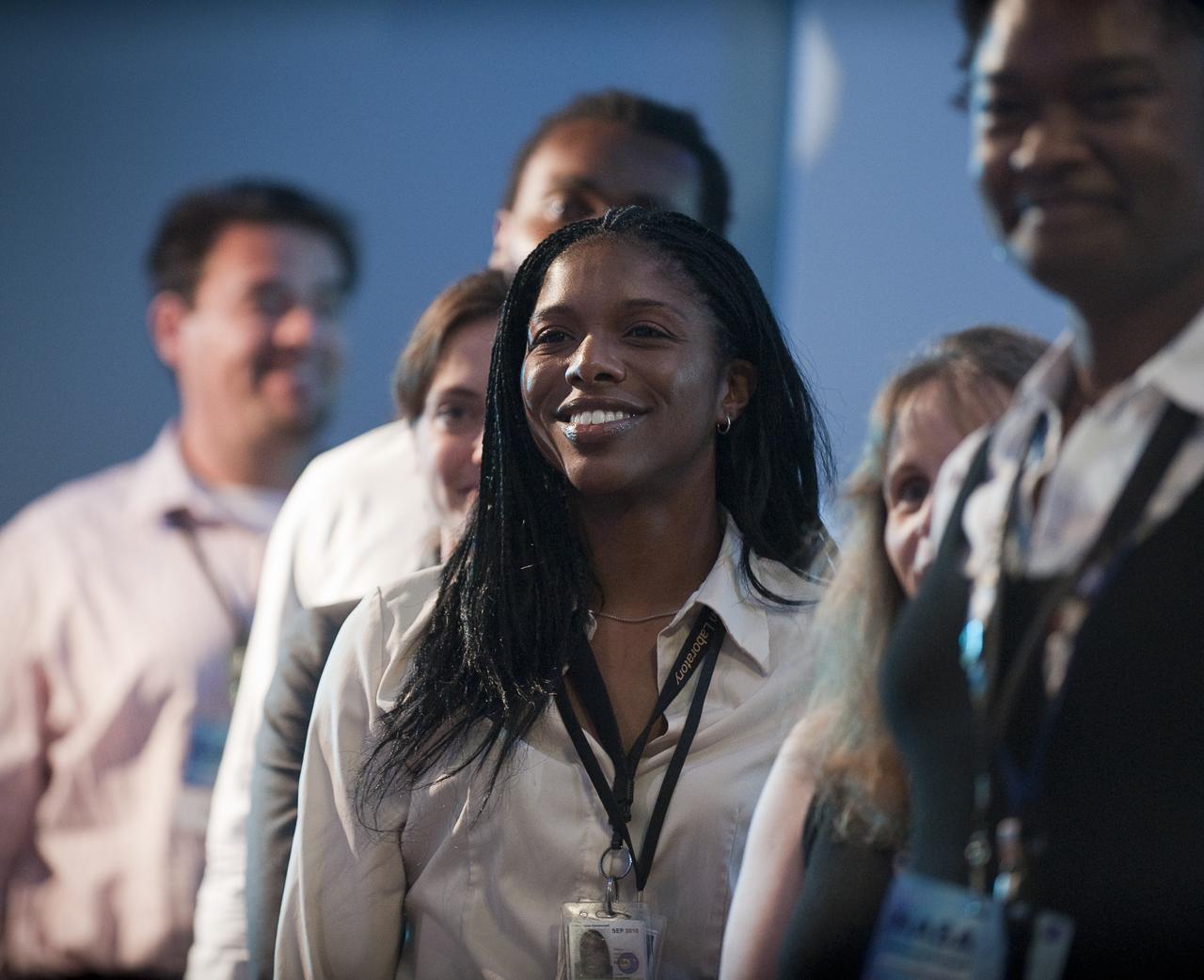 A group of Jet Propulsion Laboratory (JPL) engineers are recognized during the kick off of NASA's Summer of Innovation program at JPL in Pasadena, Calif., Thursday, June 10, 2010. Through the program, NASA will engage thousands of middle school students and teachers in stimulating math and science-based education programs with the goal of increasing the number of future scientists, mathematicians, and engineers.  Photo Credit: (NASA/Bill Ingalls)