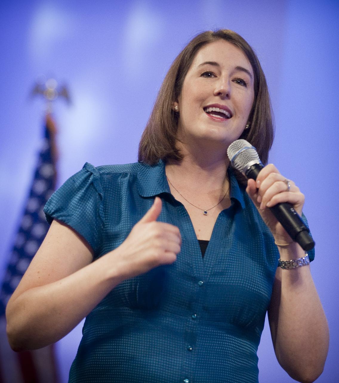 Julie Townsend, JPL Engineer, talks about her experiences to teachers and middle school students during the kick off of NASA's Summer of Innovation program at the Jet Propulsion Laboratory in Pasadena, Calif., Thursday, June 10, 2010. Through the program, NASA will engage thousands of middle school students and teachers in stimulating math and science-based education programs with the goal of increasing the number of future scientists, mathematicians, and engineers.  Photo Credit: (NASA/Bill Ingalls)