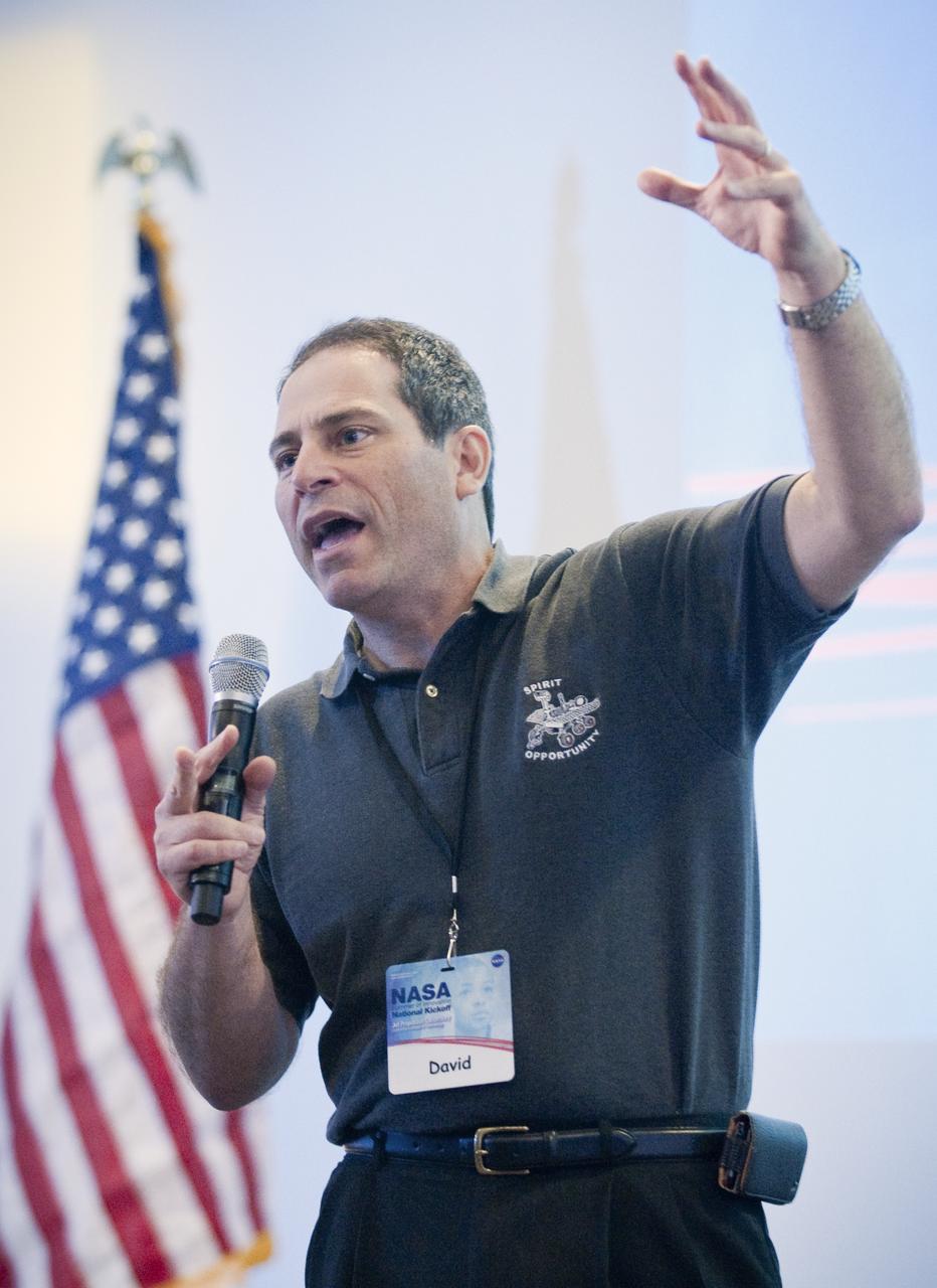 Jet Propulsion Laboratory Manager of Elementary and Secondary Education David Seidel motivates teachers and middle school students during the kick off of NASA's Summer of Innovation program at the Jet Propulsion Laboratory in Pasadena, Calif., Thursday, June 10, 2010. Through the program, NASA will engage thousands of middle school students and teachers in stimulating math and science-based education programs with the goal of increasing the number of future scientists, mathematicians, and engineers.  Photo Credit: (NASA/Bill Ingalls)