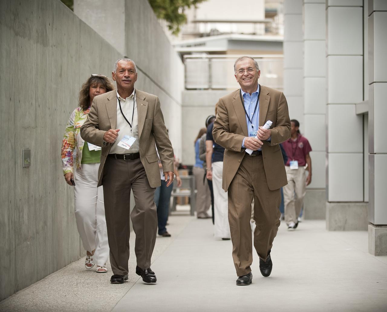 NASA Administrator Charles Bolden, left, and Jet Propulsion Laboratory Director Dr. Charles Elachi lead school students to High Bay One at JPL during the kick off of NASA's Summer of Innovation program at the Jet Propulsion Laboratory in Pasadena, Calif., Thursday, June 10, 2010. Through the program, NASA will engage thousands of middle school students and teachers in stimulating math and science-based education programs with the goal of increasing the number of future scientists, mathematicians, and engineers.  Photo Credit: (NASA/Bill Ingalls)