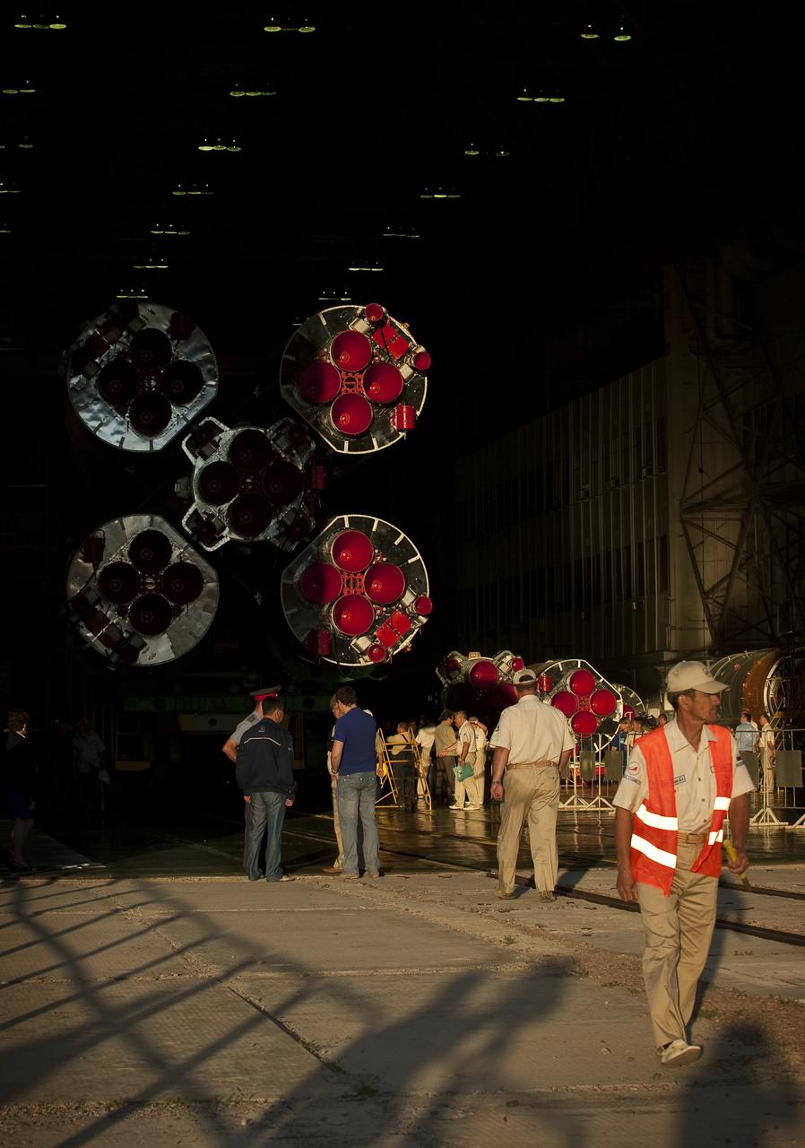 The Soyuz TMA-19 spacecraft is rolled out by train to the launch pad at the Baikonur Cosmodrome, Kazakhstan, Sunday, June 13, 2010.  The launch of the Soyuz spacecraft with Expedition 24 NASA Flight Engineers Shannon Walker and Doug Wheelock, and Russian Soyuz Commander Fyodor Yurchikhin is scheduled for Wednesday, June 16, 2010 at 3:35 a.m. Kazakhstan time.  Photo Credit (NASA/Carla Cioffi)
