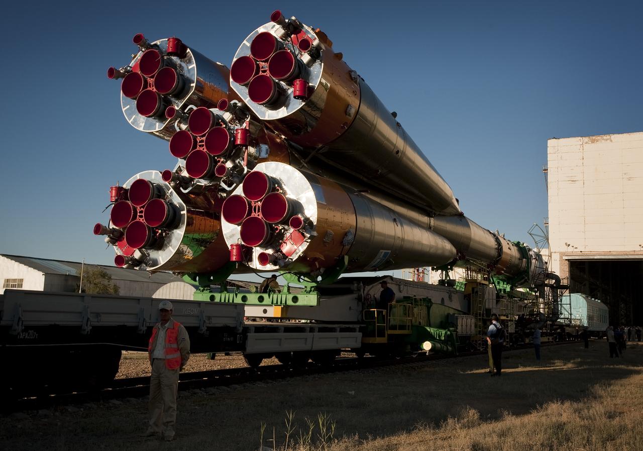 The Soyuz TMA-19 spacecraft is rolled out by train to the launch pad at the Baikonur Cosmodrome, Kazakhstan, Sunday, June 13, 2010.  The launch of the Soyuz spacecraft with Expedition 24 NASA Flight Engineers Shannon Walker and Doug Wheelock, and Russian Soyuz Commander Fyodor Yurchikhin is scheduled for Wednesday, June 16, 2010 at 3:35 a.m. Kazakhstan time.  Photo Credit (NASA/Carla Cioffi)