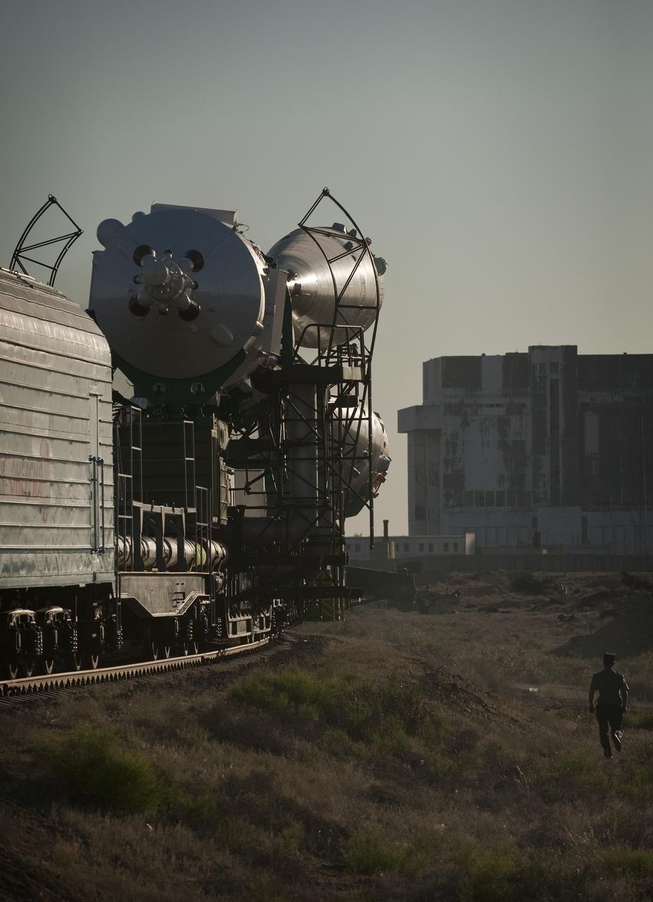 The Soyuz TMA-19 spacecraft is rolled out by train to the launch pad at the Baikonur Cosmodrome, Kazakhstan, Sunday, June 13, 2010.  The launch of the Soyuz spacecraft with Expedition 24 NASA Flight Engineers Shannon Walker and Doug Wheelock, and Russian Soyuz Commander Fyodor Yurchikhin is scheduled for Wednesday, June 16, 2010 at 3:35 a.m. Kazakhstan time.  Photo Credit (NASA/Carla Cioffi)