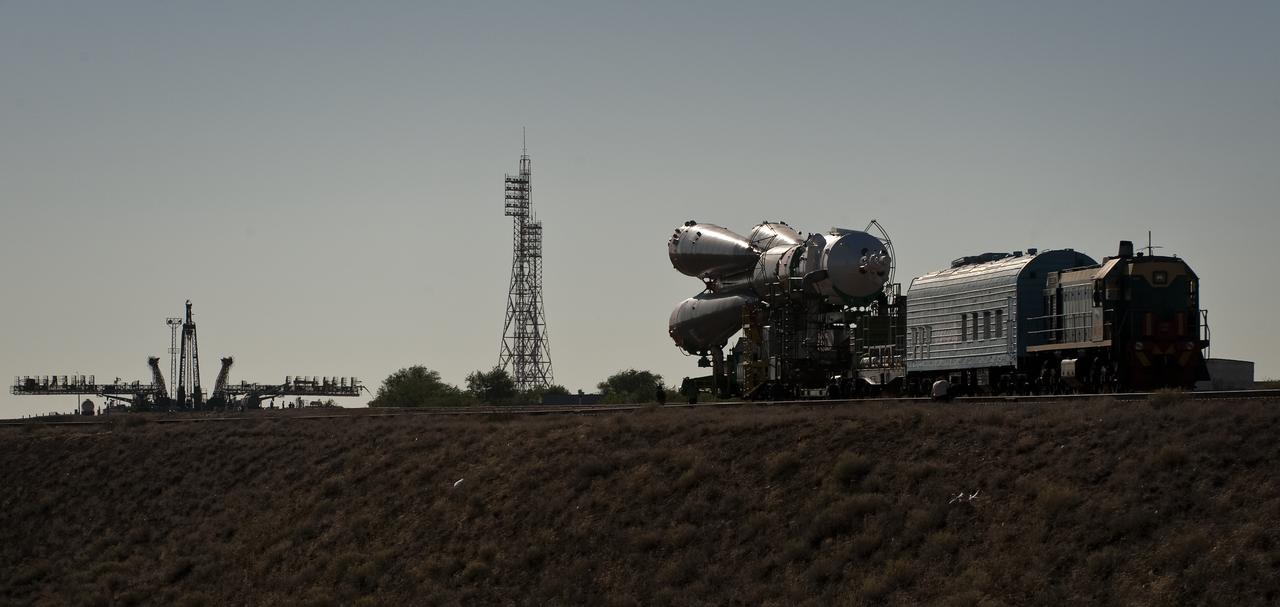 The Soyuz TMA-19 spacecraft is rolled out by train to the launch pad at the Baikonur Cosmodrome, Kazakhstan, Sunday, June 13, 2010.  The launch of the Soyuz spacecraft with Expedition 24 NASA Flight Engineers Shannon Walker and Doug Wheelock, and Russian Soyuz Commander Fyodor Yurchikhin is scheduled for Wednesday, June 16, 2010 at 3:35 a.m. Kazakhstan time.  Photo Credit (NASA/Carla Cioffi)