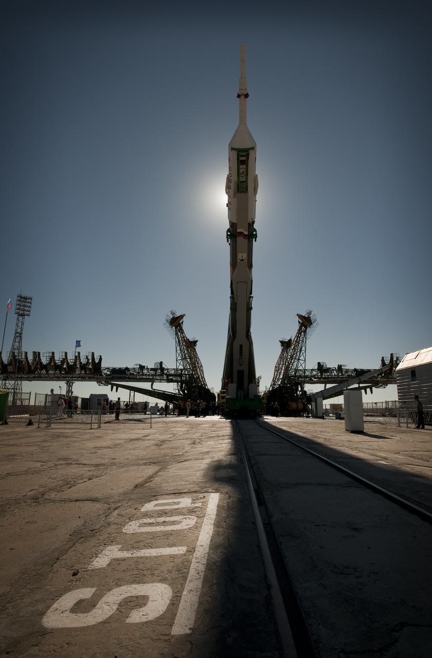 The Soyuz TMA-19 spacecraft is raised into vertical position at the launch pad of the Baikonur Cosmodrome in Kazakhstan, Sunday, June 13, 2010. The launch of the Soyuz spacecraft with Expedition 24 NASA Flight Engineers Shannon Walker and Doug Wheelock, and Soyuz Commander Fyodor Yurchikhin of Russia is scheduled for Wednesday, June 16, 2010 at 3:35 a.m. Kazakhstan time.  Photo Credit (NASA/Carla Cioffi)