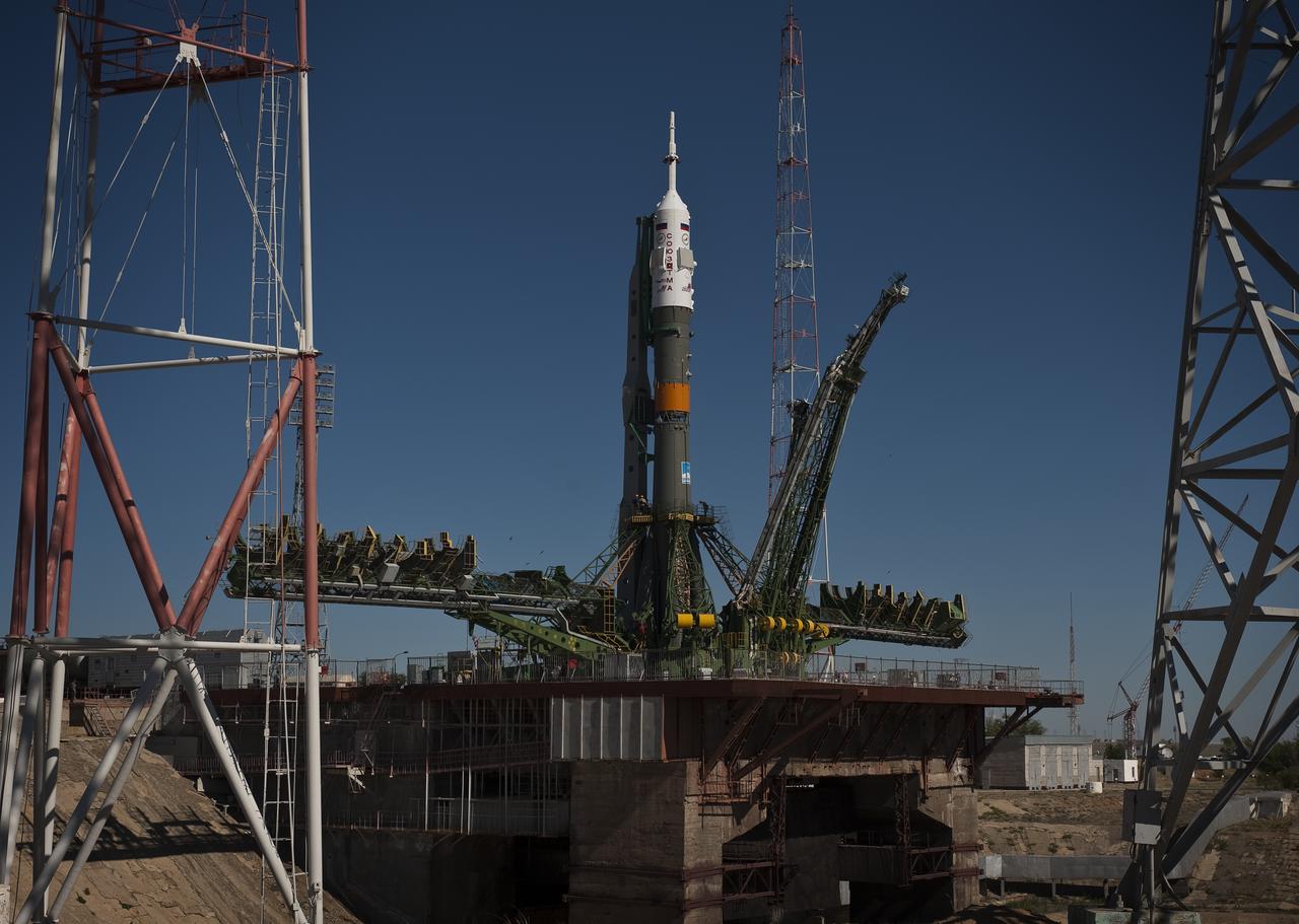 The Soyuz rocket is seen shortly after arrival to the launch pad Sunday, June 13, 2010, at the Baikonur Cosmodrome in Kazakhstan.  The Soyuz is scheduled to launch the crew of Expedition 24 on Wednesday, June 16, 2010 at 3:35 a.m. Kazakhstan time.  Photo Credit: (NASA/Carla Cioffi)