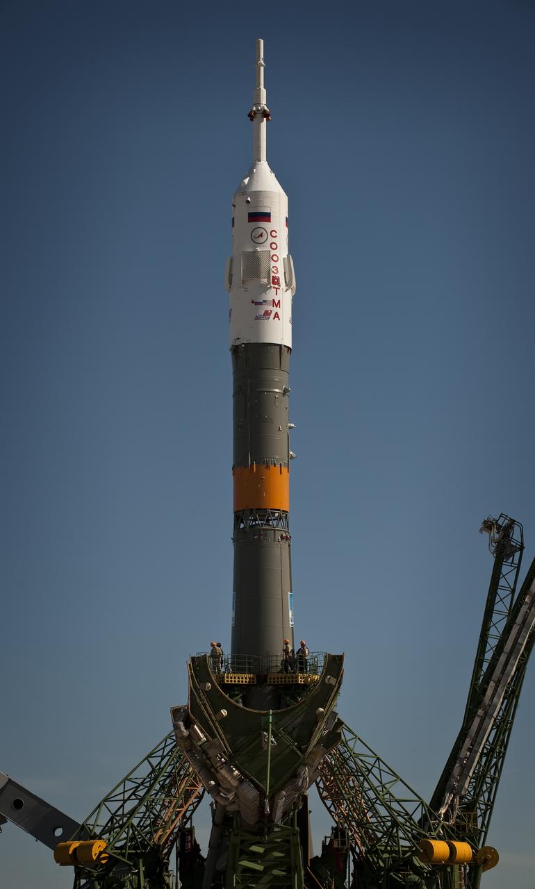 The Soyuz rocket is seen shortly after arrival to the launch pad Sunday, June 13, 2010, at the Baikonur Cosmodrome in Kazakhstan.  The Soyuz is scheduled to launch the crew of Expedition 24 on Wednesday, June 16, 2010 at 3:35 a.m. Kazakhstan time.  Photo Credit: (NASA/Carla Cioffi)