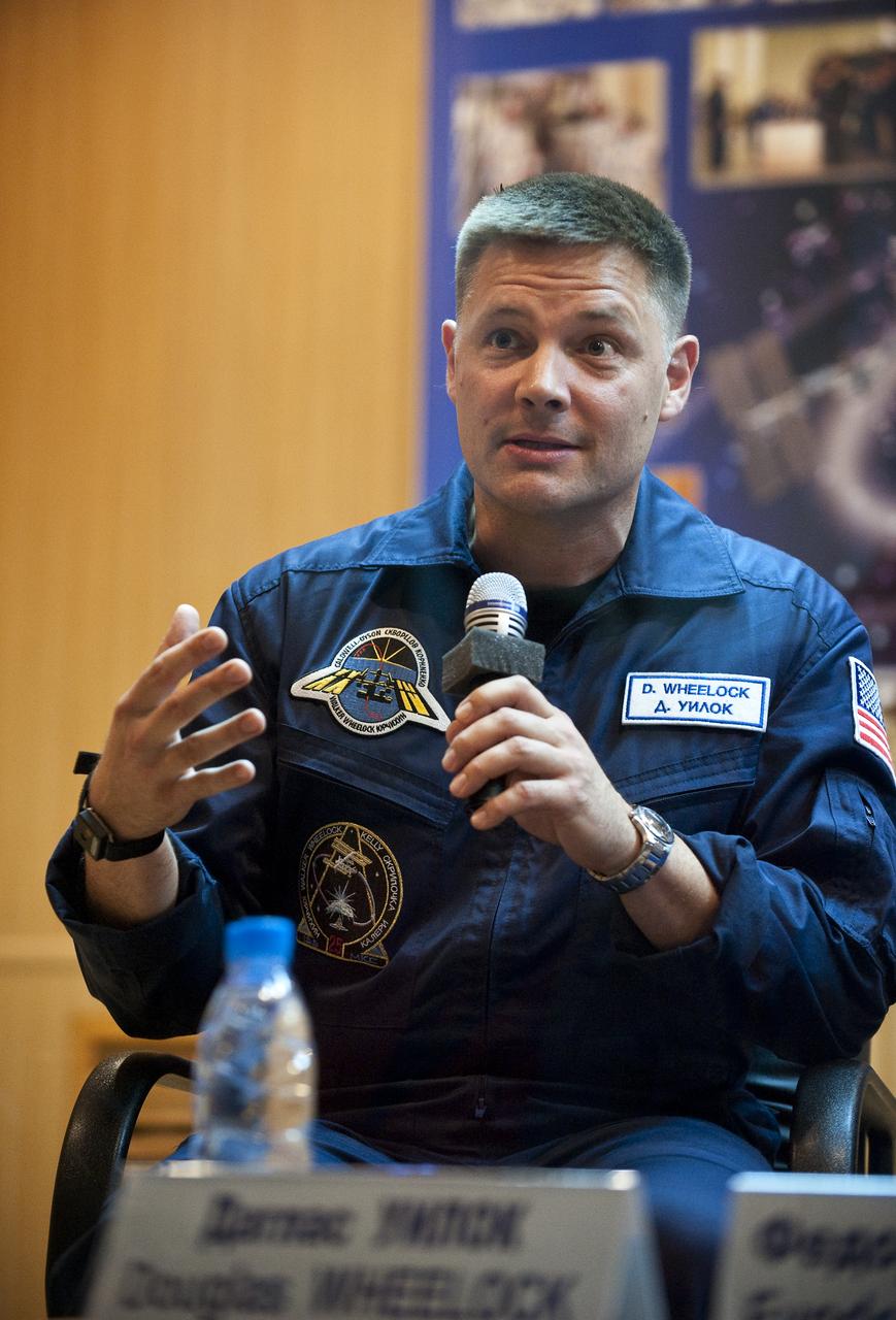 Expedition 24 Flight Engineer Doug Wheelock answers a reporter’s question during a press conference held at the Cosmonaut Hotel in Baikonur, Kazakhstan on Monday, June 14, 2010.  The launch of the Soyuz spacecraft with Expedition 24 NASA Flight Engineers Shannon Walker and Douglas Wheelock, and Soyuz Commander Fyodor Yurchikhin is scheduled for Wednesday, June 16, 2010 at 3:35 a.m. Kazakhstan time.  Photo Credit: (NASA/Carla Cioffi)