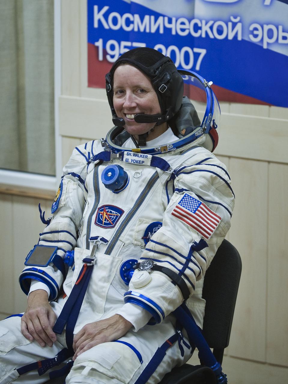 Expedition 24 Flight Enginner Shannon Walker waits to have her Russian Sokol Suit pressure checked at the Baikonur Cosmodrome, Tuesday, June 15, 2010. Walker, Flight Engineer Doug Wheelock and Soyuz Commander Yurchikhin launched in their Soyuz TMA-19 rocket from the Baikonur Cosmodrome in Kazakhstan on Wednesday, June 16, 2010. (Photo Credit: NASA/Carla Cioffi)