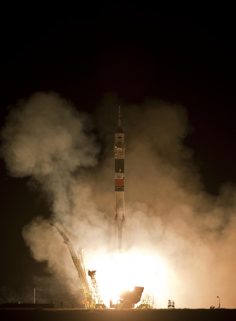The Soyuz TMA-19 rocket launches from the Baikonur Cosmodrome in Kazakhstan on Wednesday, June 16, 2010 carrying Expedition 24 NASA Flight Engineers Shannon Walker and Douglas Wheelock, and Soyuz Commander Fyodor Yurchikhin of Russia to the International Space Station. Their Soyuz TMA-19 rocket launched at 3:35 a.m Kazakhstan time. (Photo Credit: NASA/Carla Cioffi)