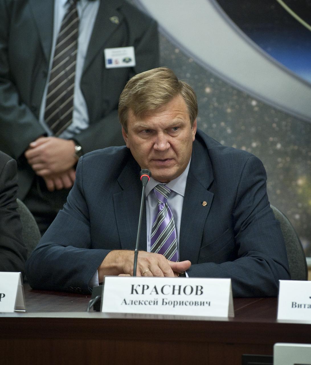 Alexei Krasnov, Director of Manned Space Programs Department, ROSCOSMOS, answers a reporter’s question during a Soyuz post-docking press conference at the Russian Mission Control Center in Korolev, Russia on Friday, June 18, 2010. Photo Credit: (NASA/Carla Cioffi)