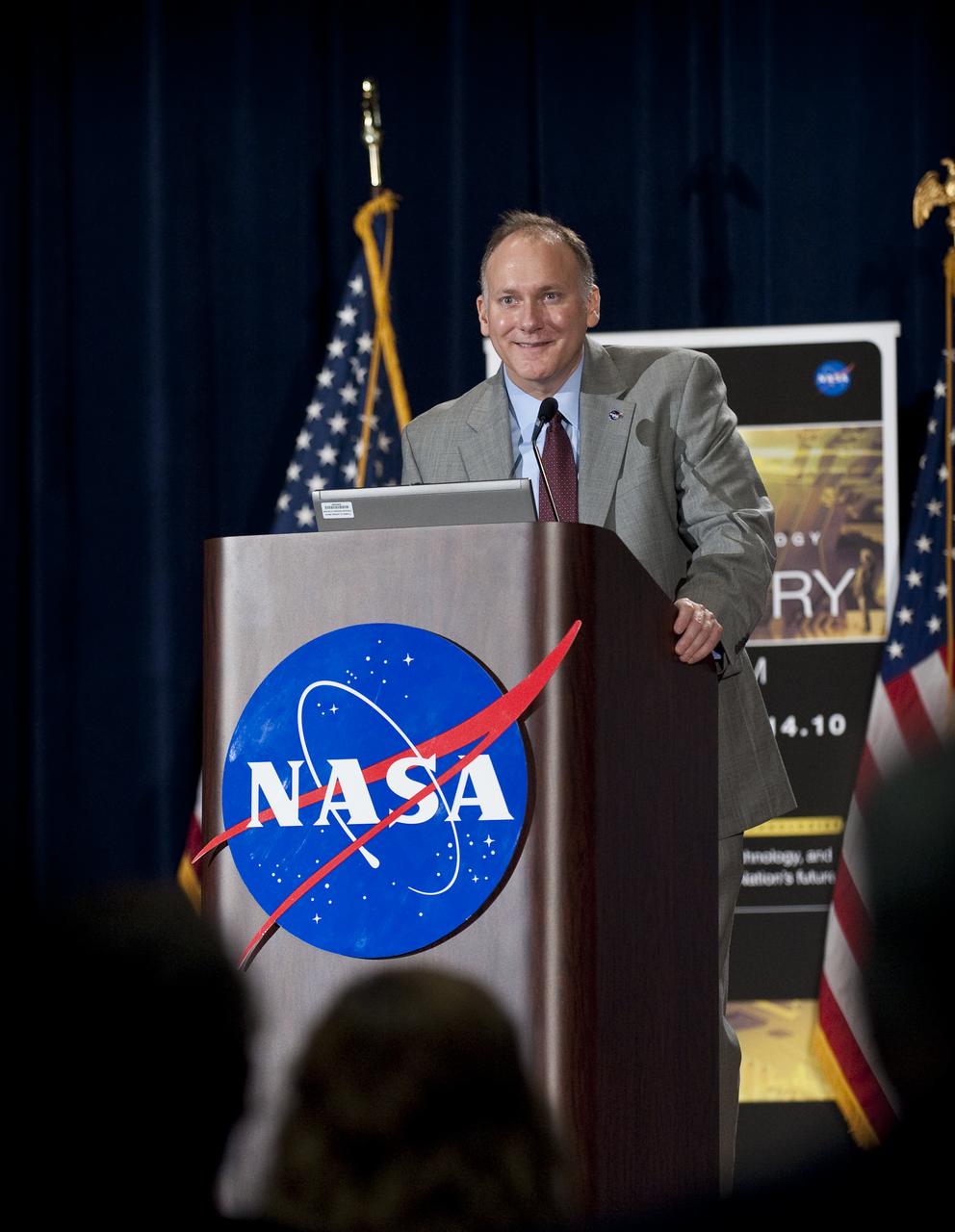 David Steitz, from NASA's Office of Communications, kicks off the NASA New Space Technology Industry Forum being held at the University of Maryland in College Park on Tuesday, July 13, 2010.  During the two-day event, speakers are focusing on the president's fiscal year 2011 budget request for NASA's new Space Technology Program. Representatives from industry, academia and the federal government are in attendance to discuss strategy, development and implementation of NASA's proposed new technology-enabled exploration.  Photo Credit: (NASA/Bill Ingalls)