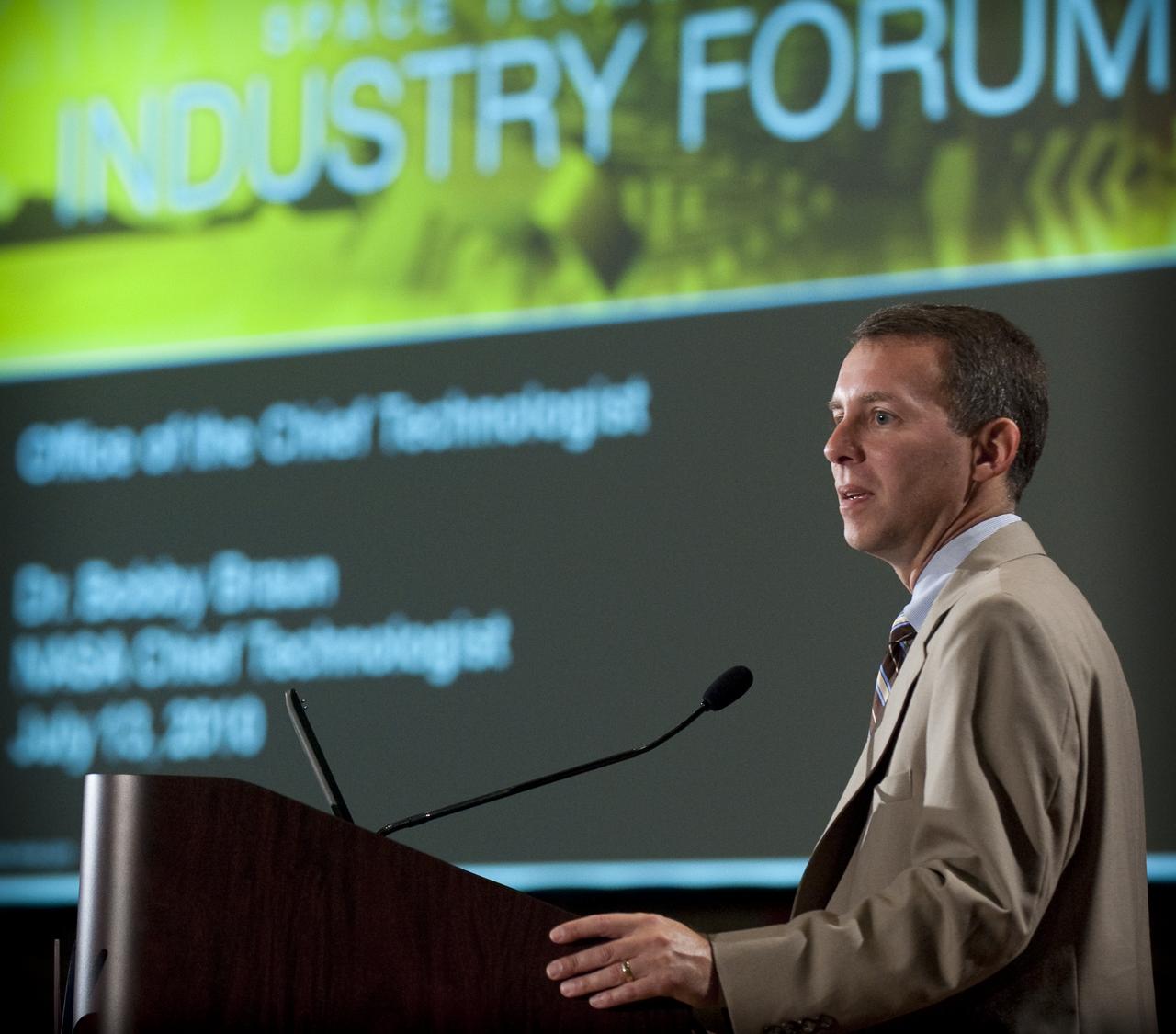 NASA Chief Technologist Bobby Braun speaks during the NASA New Space Technology Industry Forum being held at the University of Maryland in College Park on Tuesday, July 13, 2010.  During the two-day event, speakers are focusing on the president's fiscal year 2011 budget request for NASA's new Space Technology Program. Representatives from industry, academia and the federal government are in attendance to discuss strategy, development and implementation of NASA's proposed new technology-enabled exploration.  Photo Credit: (NASA/Bill Ingalls)