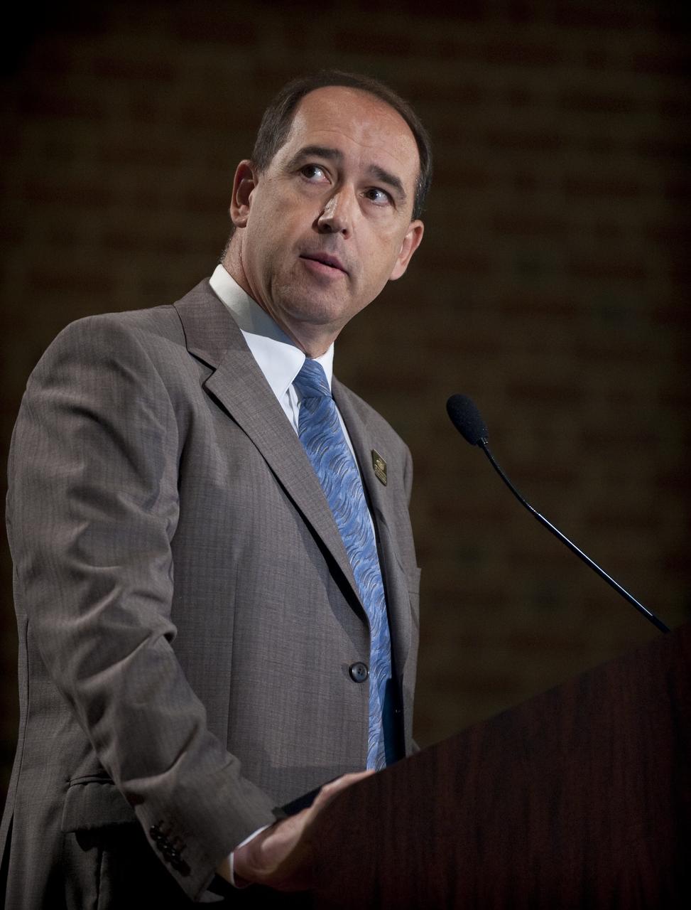 NASA's Manager of Centennial Challenges Andy Petro speaks during the NASA New Space Technology Industry Forum being held at the University of Maryland in College Park on Tuesday, July 13, 2010.  During the two-day event, speakers are focusing on the president's fiscal year 2011 budget request for NASA's new Space Technology Program. Representatives from industry, academia and the federal government are in attendance to discuss strategy, development and implementation of NASA's proposed new technology-enabled exploration.  Photo Credit: (NASA/Bill Ingalls)