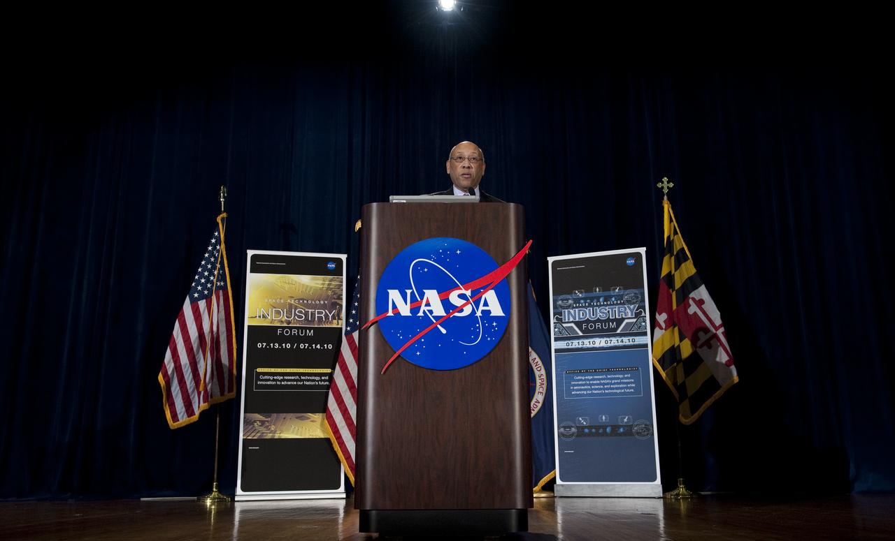 NASA Program Executive for SBIR/STTR Programs Carl Ray speaks during the NASA New Space Technology Industry Forum being held at the University of Maryland in College Park on Tuesday, July 13, 2010.  During the two-day event, speakers are focusing on the president's fiscal year 2011 budget request for NASA's new Space Technology Program. Representatives from industry, academia and the federal government are in attendance to discuss strategy, development and implementation of NASA's proposed new technology-enabled exploration.  Photo Credit: (NASA/Bill Ingalls)