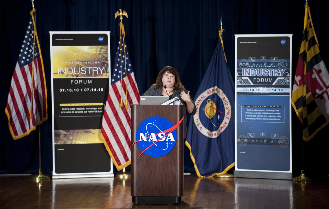 NASA's Program Executive for Technology Demonstration Missions Bonnie James speaks during the NASA New Space Technology Industry Forum being held at the University of Maryland in College Park on Tuesday, July 13, 2010.  During the two-day event, speakers are focusing on the president's fiscal year 2011 budget request for NASA's new Space Technology Program. Representatives from industry, academia and the federal government are in attendance to discuss strategy, development and implementation of NASA's proposed new technology-enabled exploration.  Photo Credit: (NASA/Bill Ingalls)