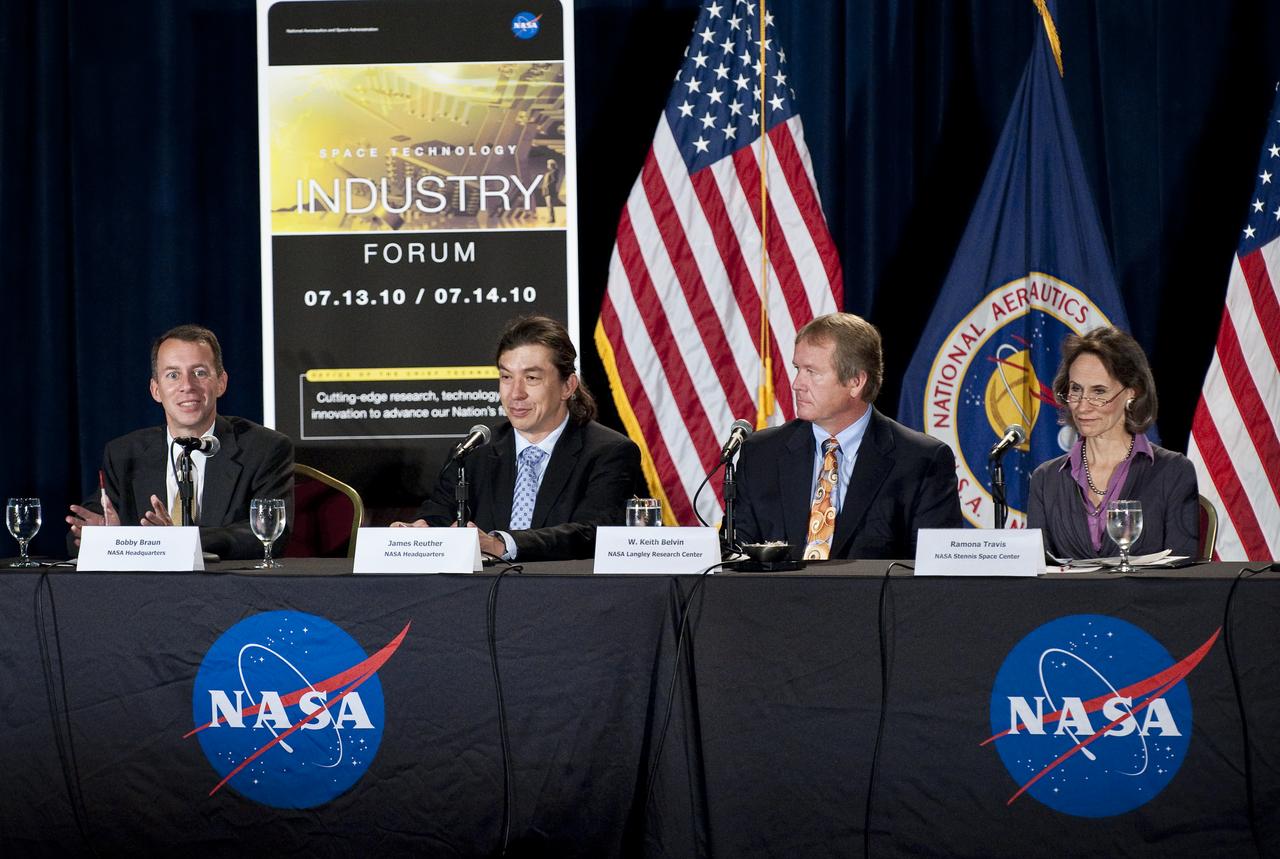 Bobby Braun, far left, NASA Chief Technologist, speaks during the NASA New Space Technology Industry Forum being held at the University of Maryland in College Park on Wednesday, July 14, 2010.  Mr. Braun is joined on the panel by James Reuther, Director of Strategic Integration at NASA Headquarters, second from left; Keith Belvin, NASA Systems Engineer at NASA Langley Research Center and Ramona Travis, NASA Stennis Space Center Chief Technologist, far right.  During the two-day event, speakers are focusing on the president's fiscal year 2011 budget request for NASA's new Space Technology Program. Representatives from industry, academia and the federal government are in attendance to discuss strategy, development and implementation of NASA's proposed new technology-enabled exploration.  Photo Credit: (NASA/Carla Cioffi)