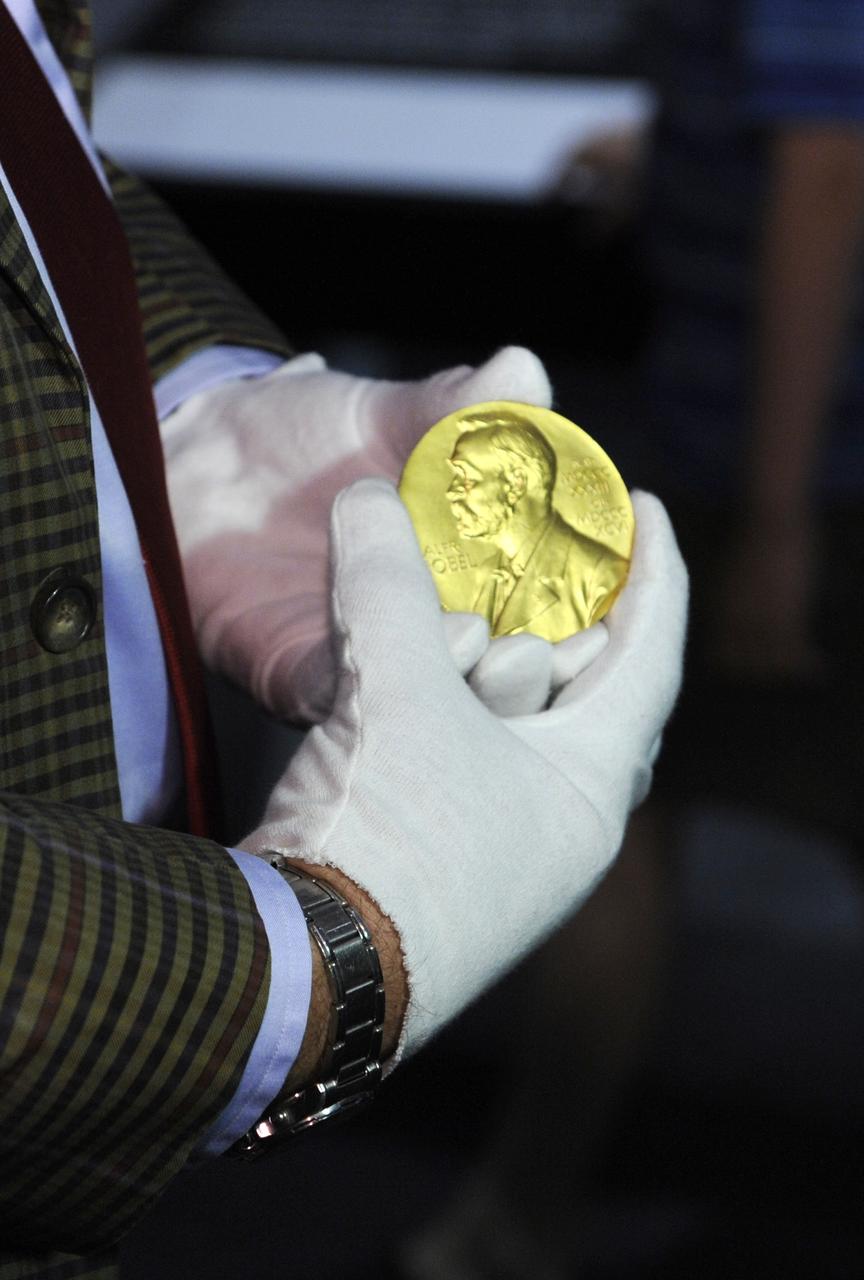 A replica of the Nobel Prize that is in the museum's collection and was flown aboard STS-132 Atlantis is seen, Tuesday, July 27, 2010, at the Smithsonian National Air and Space Museum in Washington. STS-132 astronaut Piers Sellers returned the replica during a ceremony at the museum. Photo Credit: (NASA/Paul E. Alers)
