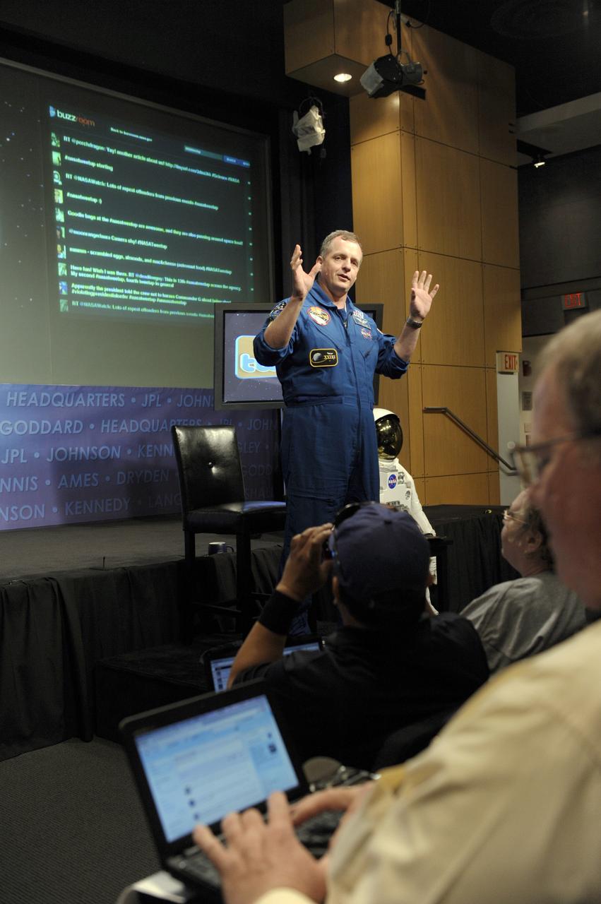 NASA astronaut TJ Creamer talks about his experience in space during a "Tweetup" at NASA Headquarters, Thursday, July 29, 2010, in Washington. Creamer, who spent 161 days living aboard the International Space Station as part of the Expedition 22/23 crew, set up the orbiting outpost's live Internet connection and posted updates about the mission to his Twitter account, sending the first live tweet from orbit. Photo Credit: (NASA/Paul E. Alers)