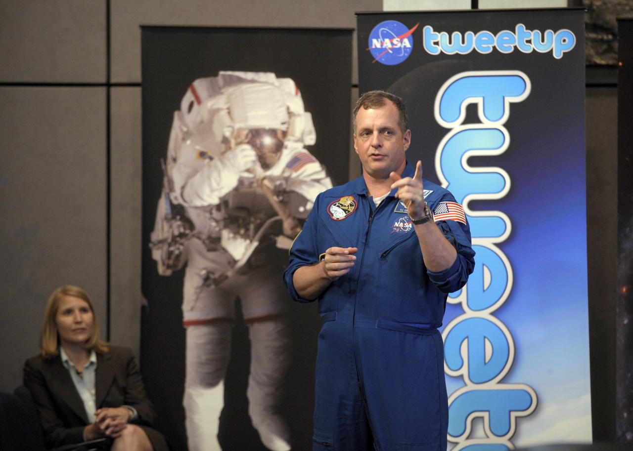 NASA astronaut TJ Creamer talks about his experience in space during a "Tweetup" at NASA Headquarters, Thursday, July 29, 2010, in Washington. Creamer, who spent 161 days living aboard the International Space Station as part of the Expedition 22/23 crew, set up the orbiting outpost's live Internet connection and posted updates about the mission to his Twitter account, sending the first live tweet from orbit. Photo Credit: (NASA/Paul E. Alers)