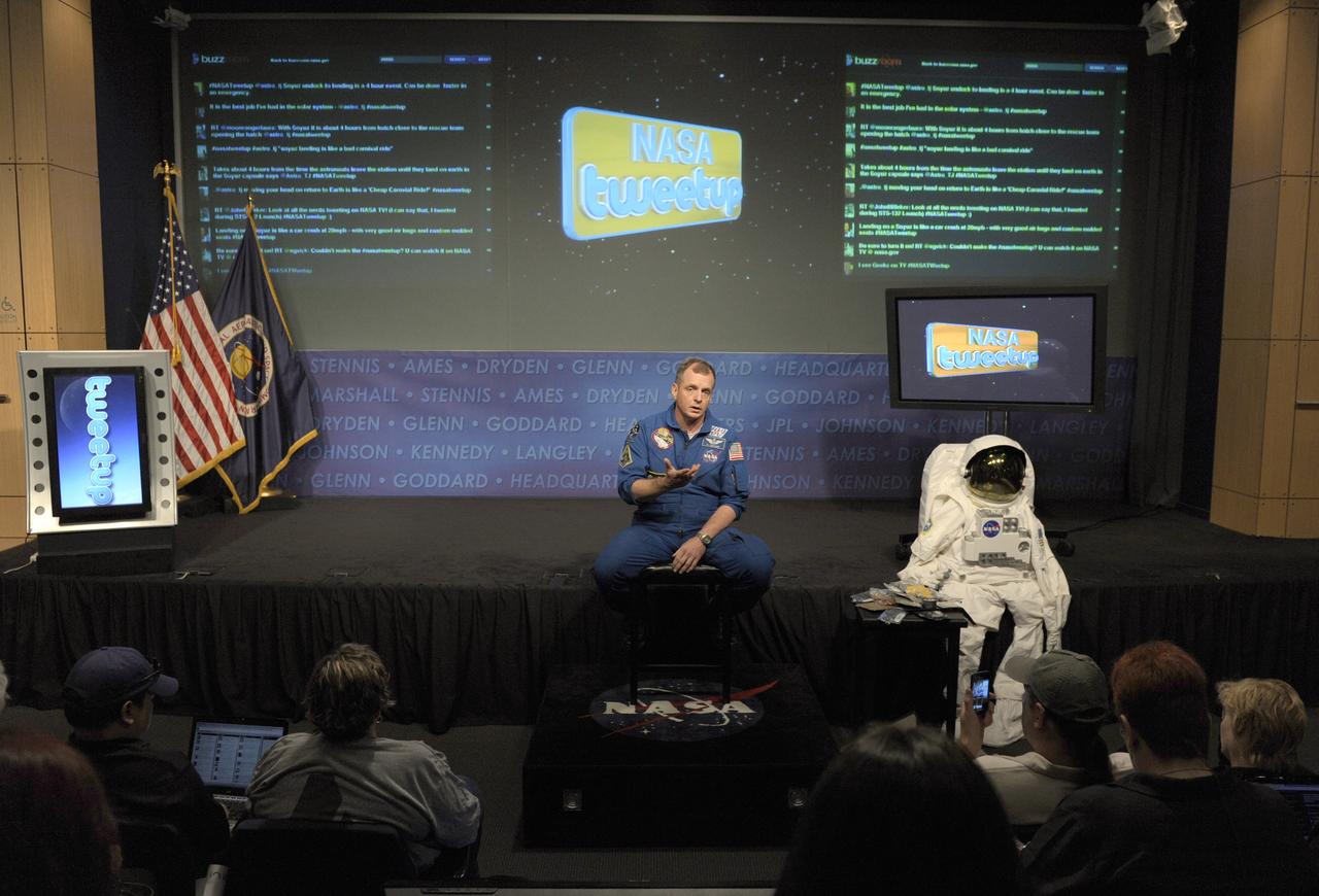 NASA astronaut TJ Creamer talks about his experience in space during a "Tweetup" at NASA Headquarters, Thursday, July 29, 2010, in Washington. Creamer, who spent 161 days living aboard the International Space Station as part of the Expedition 22/23 crew, set up the orbiting outpost's live Internet connection and posted updates about the mission to his Twitter account, sending the first live tweet from orbit. Photo Credit: (NASA/Paul E. Alers)