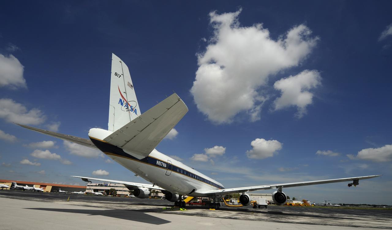 The NASA DC-8 airplane sits on the tarmac, Monday, Aug. 16, 2010, at Fort Lauderdale Hollywood International Airport in Fort Lauderdale, Fla. , as preparations continue for its part in the GRIP experiment. The Genesis and Rapid Intensification Processes (GRIP) experiment is a NASA Earth science field experiment in 2010 that is being conducted to better understand how tropical storms form and develop into major hurricanes. Photo Credit: (NASA/Paul E. Alers)