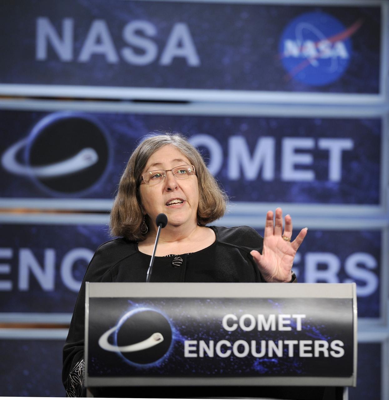 Dr. Anita Cochran, Assistant Director, McDonald Observatory at the University of Texas-Austin, speaks during a symposium commemorating a quarter-century of comet discoveries, Friday, Sept. 10, 2010, in the Knight studio at the Newseum in Washington. The International Sun-Earth Explorer-3 (ISEE-3) spacecraft flew past the comet Giacobini-Zinner on Sept. 11, 1985 which established a foundation of discoveries that continue today. Photo Credit: (NASA/Paul E. Alers)
